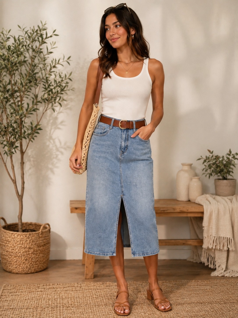 Joseph Ribkoff Light Blue Denim Midi Skirt with Front Slit